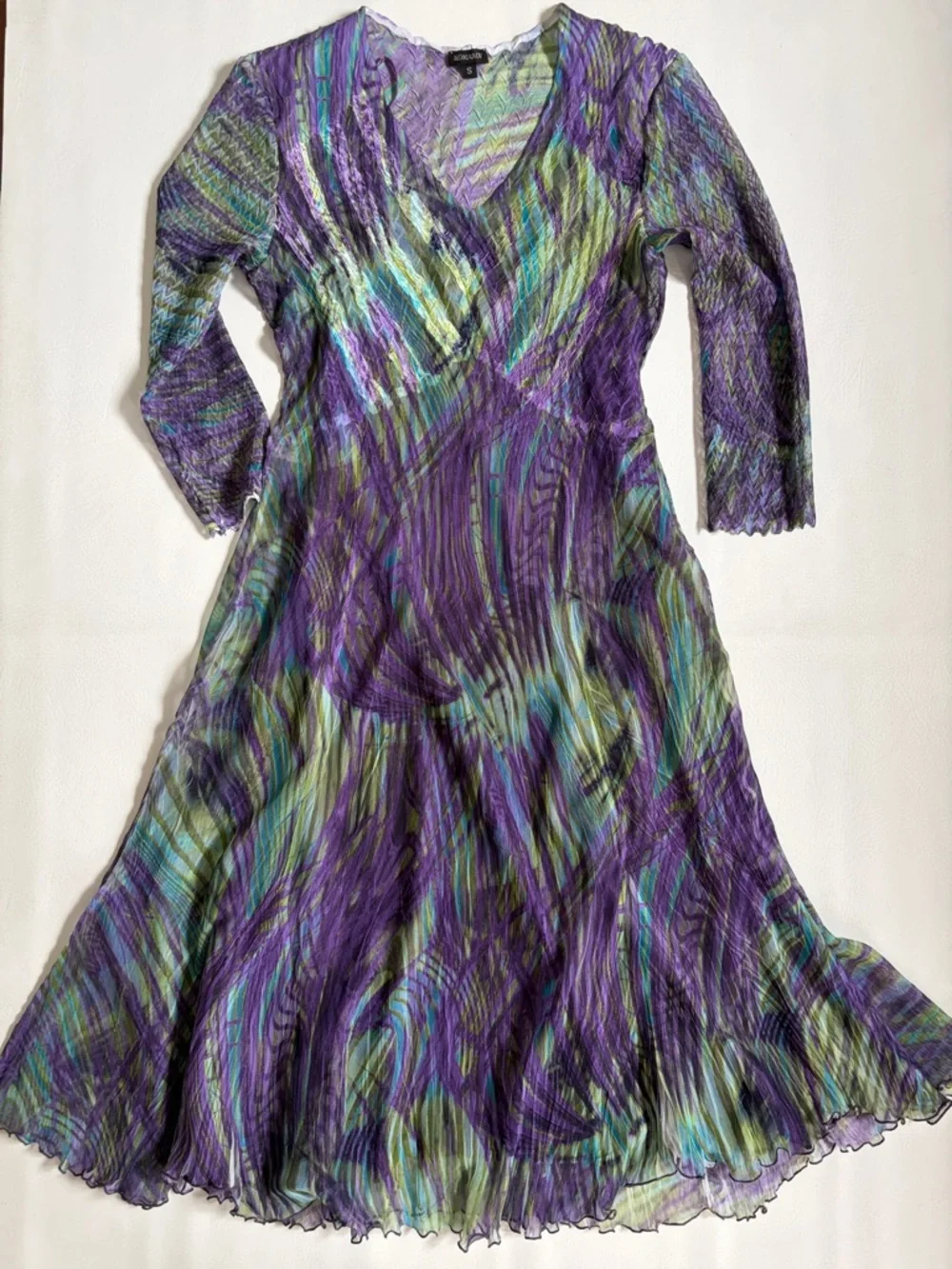 Komarov Part Dress Midi 3/4 Sleeve Charmeuse Dress Purple Green size Small - Picture 6 of 16